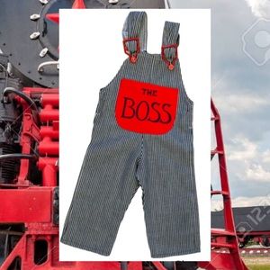 Vintage 70s New Moon Railroad Stripe Denim Baby Overalls “The Boss” Red 12 Mos